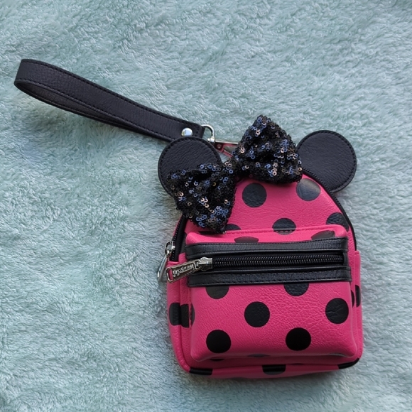 Loungefly Disney Parks Minnie Mouse Wristlet Backpack Pink Black Polka Dots - Picture 1 of 9